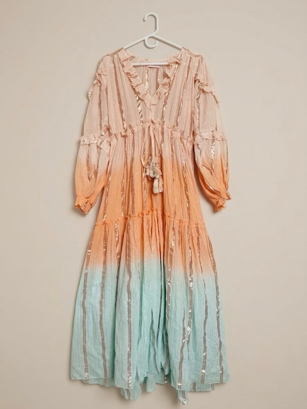 Miss June Paris Ombre Metallic Ruffle Puff Sleeve Maxi Dress Boho Resortwear